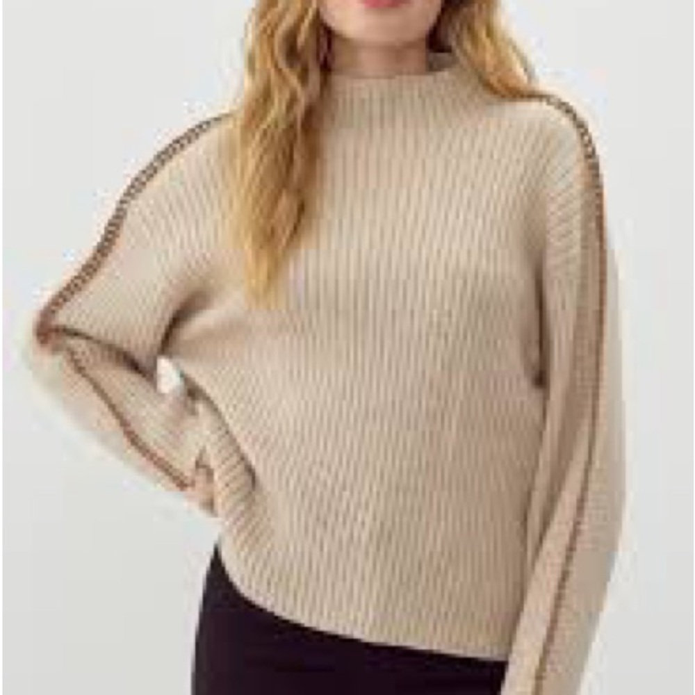 Beige Ribbed Women's Sweater with Embroidered arms